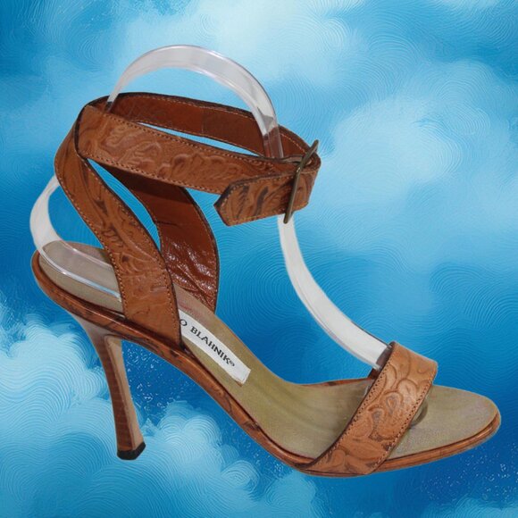 Manolo Blahnik Embossed leather Ankle Wrap Peep Toe Stiletto Sandal Size 36.5 - Picture 5 of 11